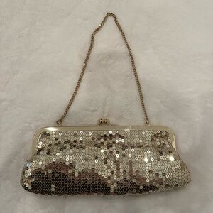 LOFT Gold Sequin Kisslock Clutch with Chain